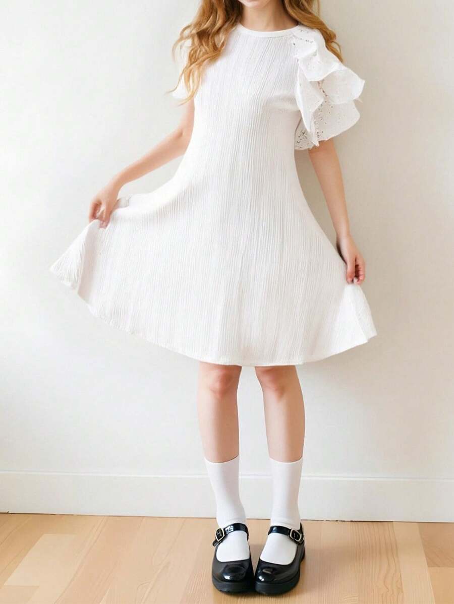 SHEIN Explorewe 少女不对称荷叶边下摆宽松优雅白色 A 字裙，质地舒适，适合夏季、婚礼、婚礼嘉宾、花童 - 白色 - 查看 1