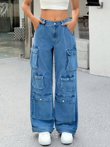 SHEIN EZwear 女士休闲牛仔裤，带口袋，时尚设计，适合夏季