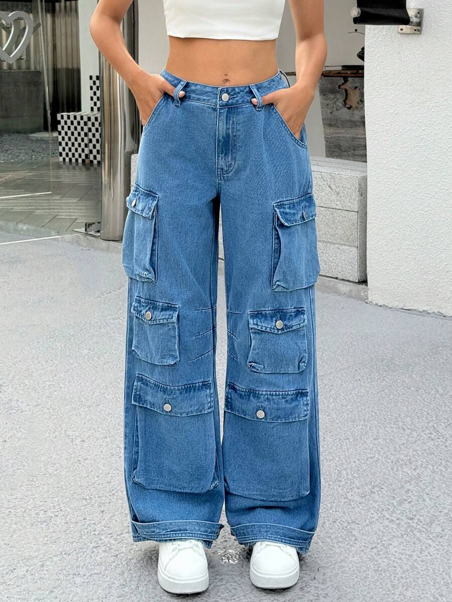 SHEIN EZwear 女士休闲牛仔裤，带口袋，时尚设计，适合夏季