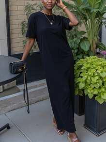 INAWLY Solva 女士纯色圆领短袖休闲长裙 - 黑色 - 查看 3