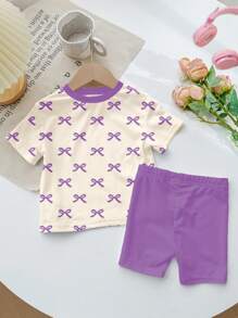 SHEIN Leap Crew 2pcs/Set Young Girl Casual Minimalist Short Sleeve Shorts Set, Suitable For Summer - White - View 3