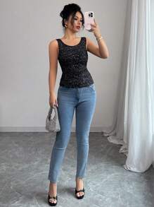 Elenzga Women's Shiny Print Round Neck Fitted Pleated Tank Top - Black - View 3