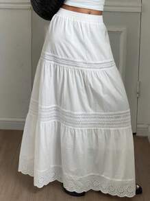 Livesso 大码纯色宽松休闲度假夏季半身裙，波西米亚风拼接蕾丝边女士长裙度假装扮 - 白色 - 查看 4