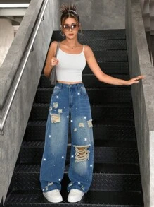 Teenage (Girls) Retro Rhinestone Ripped Washed Wide-Leg Jeans, Casual Fashion - Medium Wash - View 1