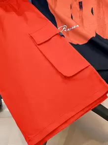 SHEIN 2pcs/Set Teen Boys Casual Contrast Color Short Sleeve T-Shirt And Shorts Set, Streetwear Punk Rock School Style For Everyday Wear, Party, Music Festival, Suitable For Spring/Summer, Abstract English Graphic Print In Black & Purple - Orange - View 7