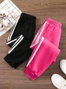 SHEIN 2pcs/Pack Young Girl Heart Graphic Fleece Elastic Waist Casual Sweatpants, Autumn & Winter - Multicolor - View 4