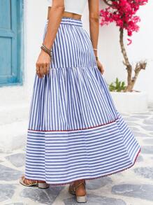 Vivid Eden 编织条纹高腰宽松女式裙子春季女装 Fairycore 婚礼宾客裙子女士沙滩装热带度假女士服装 - 藍色 - 查看 2