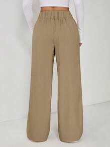 SHEIN PETITE 女士优雅双纽扣直筒办公裤 - 卡其色 - 查看 2