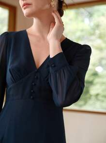 Uhlyne Women's V-Neck Chiffon Splicing Ruched Puff Long Sleeve Belted Buttoned Mid-Calf Lining Dress Fall Cloth For Women - Navy Blue - View 5