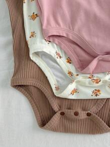 Loomiva 3pcs/Set Baby Girl Plant & Floral Print Soft Knit Round Neck Cap Sleeve Bodysuit Set - Coral Pink - View 4
