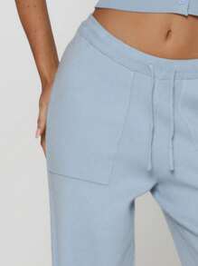 MUSERA Knitted Large Pocket Detail Tie Waist Trousers Y2k Spring Casual Cute 90's Sun - Baby Blue - View 5