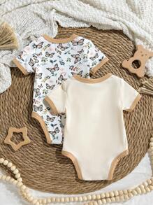 Loomiva Newborn Baby Boy/Girl 2pcs Set Soft Knitted Butterfly Pattern Contrast Color Round Neck Short Sleeve Bodysuit