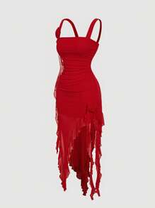 SHEIN MOD 大码女式红色浪漫 3D 花卉印花女士连衣裙、约会装、情人节装 - 紅色 - 查看 3