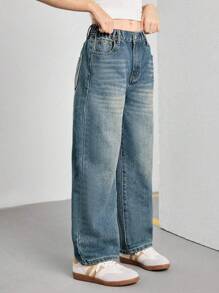 Sparklyn 青少年女孩复古宽松阔腿牛仔裤，休闲直筒牛仔裤，学校，校园，大学 - 中等水洗藍 - 查看 4