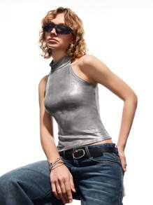 LYSMO Women's Bodycon Cropped Halter Camisole Tank Top - Grey - View 5