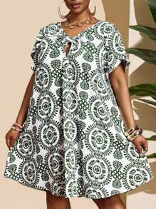Slaydiva 2025 Summer&Beach New Vacation Casual Non-Stretch Woven Loose A-Line Twist Knot Midi Dress, Green, Plus Size - Green - View 3
