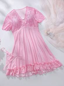 2pcs Plus Size Sexy Lingerie Set: Lace & Mesh Deep V Hollow Heart Rhinestone Decor Camisole Slip Dress + G-String