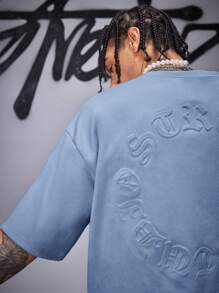 AXEPEAK Men's Street Style Gothic Letter Air Layer Suede Embossed Loose Dropped Shoulder Crew Neck Short Sleeve T-Shirt, Summer, Streetwear Essentials