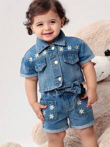 Set 2 Potong Denimly Baby Girls Fashion Motif Bunga Lucu Pinggang Elastis Dekorasi Pita Denim Cuci - Medium Wash - View 1