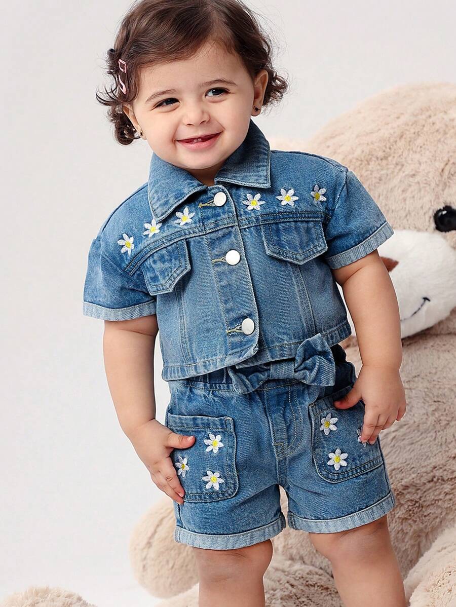 Set 2 Potong Denimly Baby Girls Fashion Motif Bunga Lucu Pinggang Elastis Dekorasi Pita Denim Cuci - Medium Wash - View 1