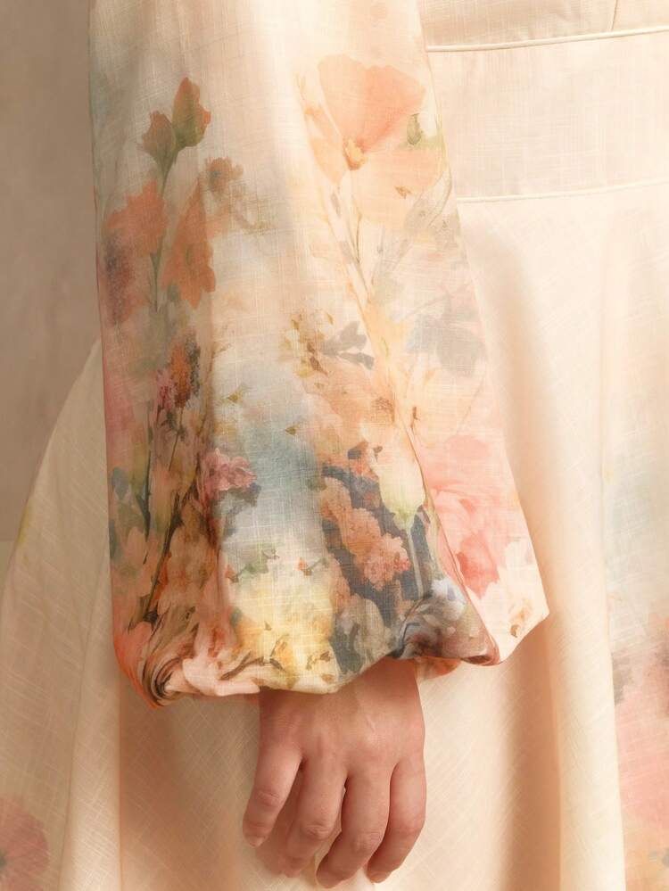 Deep V-Neck Faux Linen Floral Print Lantern Sleeve Dress, Sexy Elegant Festival Outfit, Suitable For Spring, Valentine's Day, Date Night