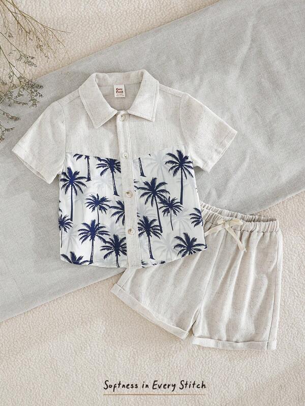 Cozy Pixies Baby Boy 2pcs Set Floral Print Collar Short Sleeve Shirt With Elastic Waist Shorts