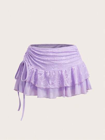 Sweetina 超低腰女士蕾丝和网眼双层褶皱系带高开叉半身裙