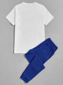 SHEIN Leap Crew 2Pcs Set Teen Boys Casual Short Sleeve T-Shirt And Long Pants Outfit, Street Punk Rock College Style, Suitable For Spring & Summer Seasons, Costume For Tween Boys, White And Green - Dusty Blue - View 2