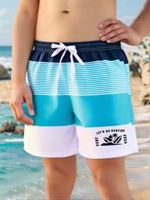 SHEIN Tween Boy 度假休闲学院风舒适时尚百搭柔软松紧腰条纹格子短裤、沙滩短裤、泳裤，适合秋季、春季、夏季、日常、户外、学校、街头装、派对、居家休闲 - 彩色 - 查看 1