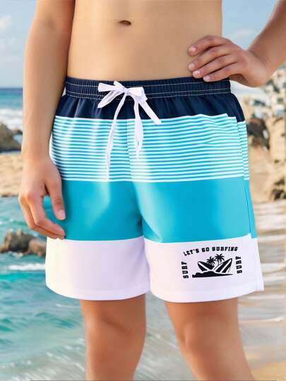 SHEIN Tween Boy Vacation Casual Collegiate Comfortable Fashion Versatile Soft Elastic Waist Striped Plaid Shorts, Beach Shorts, Swim Trunks, Suitable For Autumn, Spring, Summer, Everyday, Outdoor, School, Streetwear, Party, Home Leisure