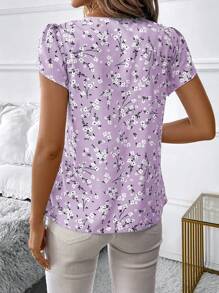 SHEIN Clasi Women's Vacation Round Neck Pleated Country Ditsy Floral Bud Short Sleeve Shirt - Mauve Purple - View 2
