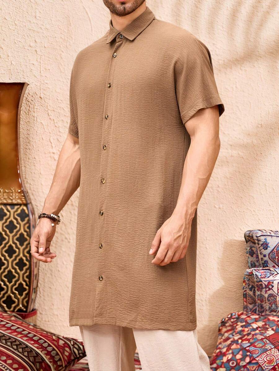 Manfinity Homme Camisa casual de manga corta de color liso para hombre - Marrón - Ver 1