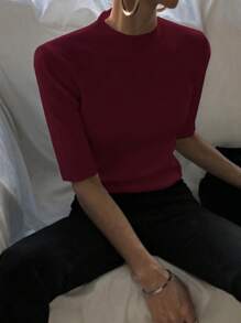 DAZY Women's Mock Neck Fitted Crop Sleeve Sweater - Red Violet - View 6