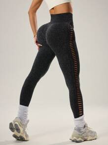 Easithlete 女士亮黑色镂空紧身裤 - 黑色 - 查看 3