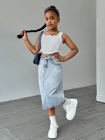 SHEIN Elladie kids Pre-Tween Girls Versatile All-Match Simple Casual Washed Light Blue Denim Mini Skirt, School, Campus, College