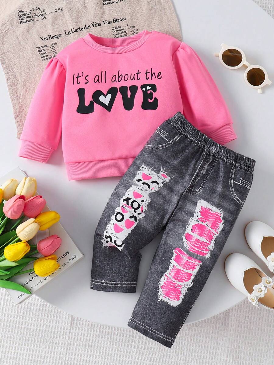 SHEIN Baby Girl Fashion Minimalist Puff Sleeve Long Sleeve Slogan Print Sweatshirt Top And Denim-Effect Print Pants Casual Set, Autumn - Pink - View 1