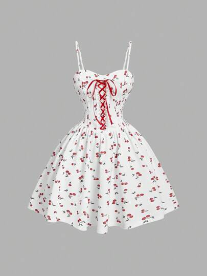 SHEIN MOD Robe élégante avec ceinture à la taille, imprimée de cerises et de blocs de couleurs