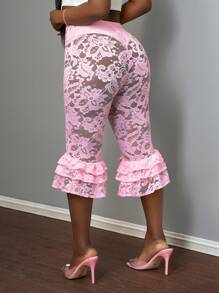 Slaydiva Quần short bó sát dài đến đầu gối cạp cao gợi cảm và ngọt ngào cho tiệc sinh nhật lễ hội âm nhạc mùa hè năm 2025 cỡ lớn dành cho nữ, có cà vạt, bèo nhún và chi tiết ren - Hồng - Xem 5