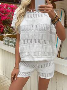 INAWLY 2pcs/Set Women Spring/Summer Lightweight Knitwear Pullover Top & Shorts Casual Set - White - View 4