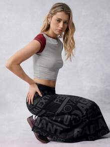 SHEIN EZwear Rok Panjang Kasual Wanita Vintage Motif Huruf dengan Belahan Bawah, Cocok untuk Festival Pameran Renaissance Musim Panas. - Hitam - View 6