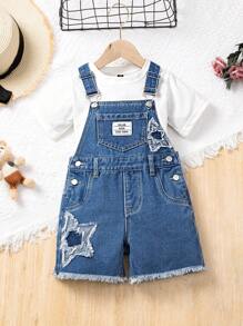 Young Girls Distressed Denim Overalls & Jumpsuits, Pentagram Embroidery Casual Washed Rompers, Stylish And Versatile - Medium Wash - View 7