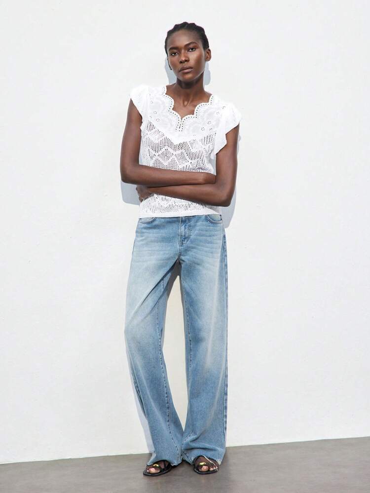 SHEIN Maija Ivory Lace Embroidered V-Neck Splice Women's Spring/Summer Apparel, Modern Vacation Casual Design, Soft Comfortable , Cap Sleeve, Bohemian Beach Resort Style