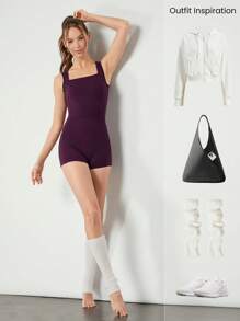 GLOWMODE 2.5 英寸 FeatherFit™-Air 吸汗速干流动收腹镂空后背方领运动健身连体衣连体衣带侧袋防滑握把低冲击瑜伽普拉提工作室日常休闲装