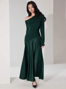 Heiryn Women's Extra Long Dress, Solid Color Oblique Shoulder Long Sleeve, Simple & Fashionable, Suitable For Summer - Dark Green - View 3