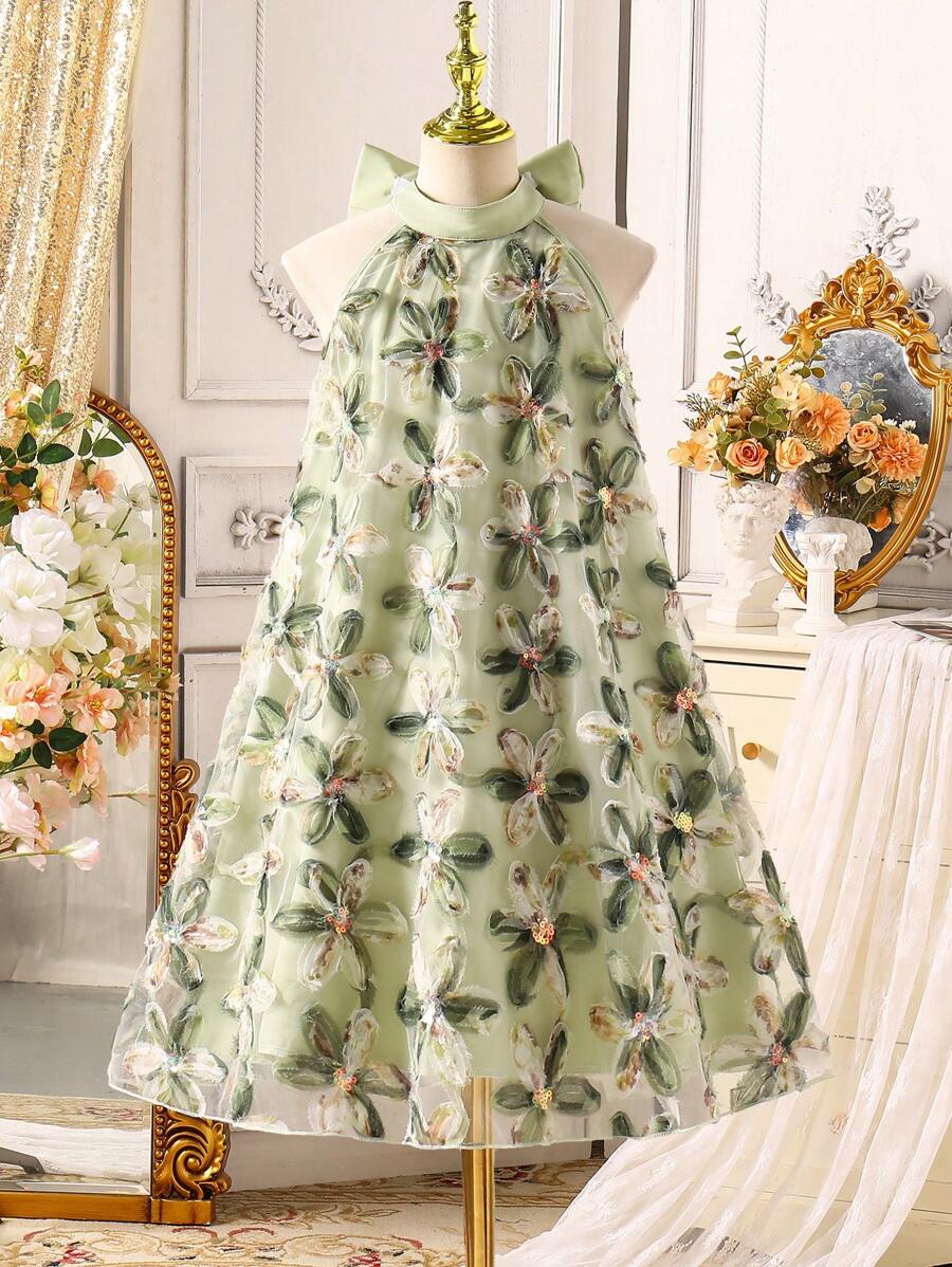 SHEIN Tween Girl Colorful 3D Floral Sequins Embellished Jacquard Dreamy & Elegant Bowknot Decorated Dress - Green - View 1