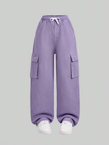 Tween Girls' Drawstring Waist Utility Pockets Wide Leg Loose Casual Denim Jeans