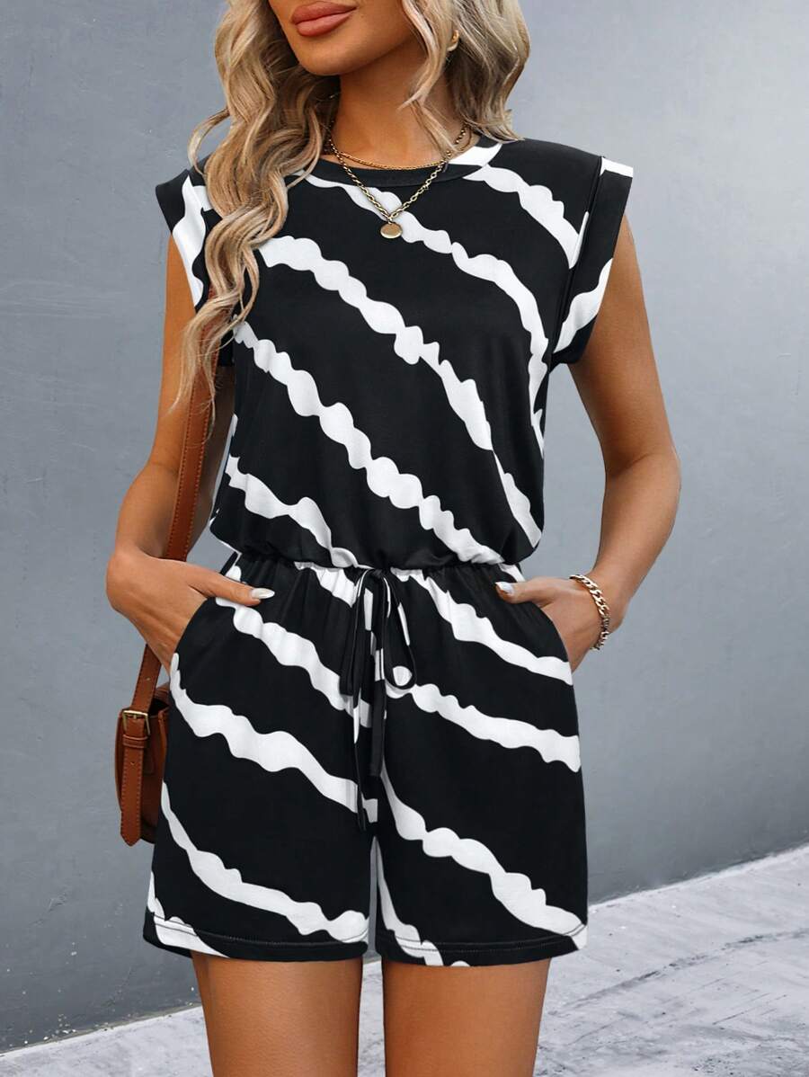 Breezaya Summer Casual Contrast Color Stripe Romper - Black - View 1