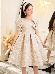 SHEIN Tween Girl 优雅单肩泡泡袖 A 字中长连衣裙 - 卡其色 - 查看 3