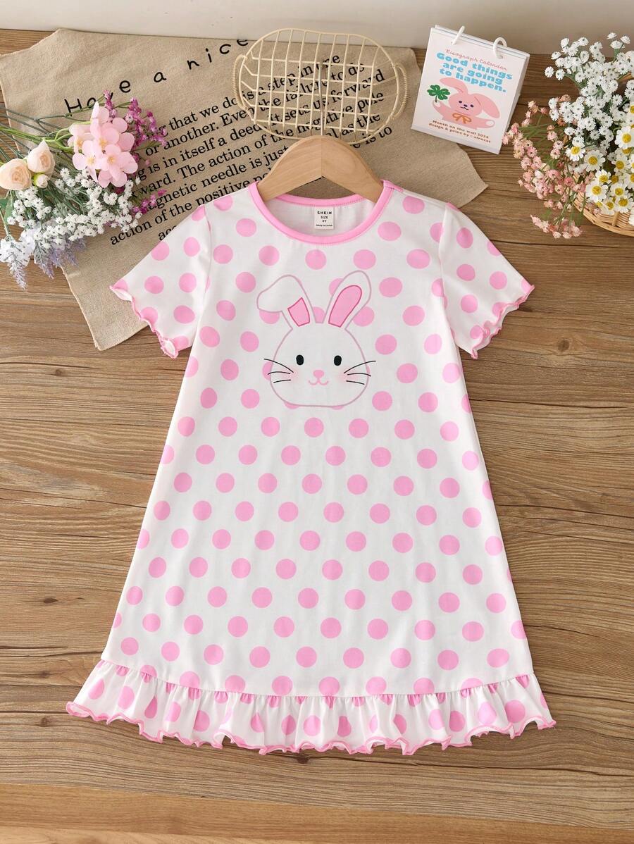 SHEIN Young Girl Cute Minimalistic Rabbit & Polka Dot Print Round Neck Short Sleeve Ruffle Hem Dress - Pink - View 1