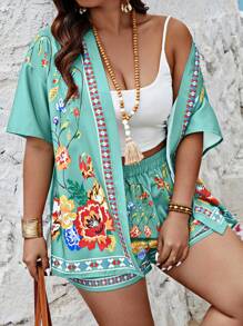 Breezaya Random Floral Plus Size Short Sleeve Shirt & Shorts 2 Pieces Set